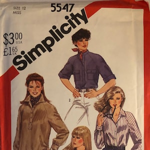 VTG 5547 Simplicity (1982).  Misses&#39; Raglan Sleeve Shirt & Pull-Over Top.  Size 12, Bust 34&quot;.  Complete, unused, FF.  Excellent condition.