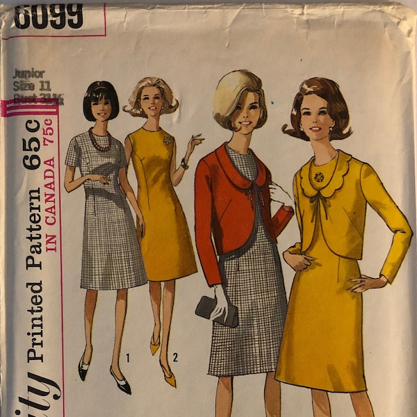 VTG 6099 Simplicity (1965).  Juniors' One-Piece Dress & Jacket.  Size 11, Bust 31-1/2".  Complete, unused, FF.  Excellent condition.