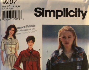 VTG 9207 Simplicity (1994).  Misses' Shirt. Size 12-14-16, Bust 34"-36"-38".  Complete, unused, FF.  Excellent condition.