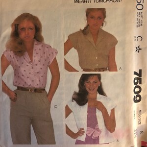 VTG 7509 McCalls (1981).  Make it Tonight.  Misses' Blouse.  Size 8.  Complete, unused, FF. Excellent condition.