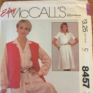 VTG 8457 McCalls (1983). Easy McCalls.  Misses dress and vest.  Size 8-10-12.  Complete, unused, FF. Excellent condition.