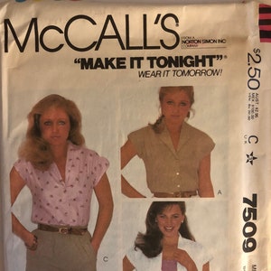 VTG 7509 McCalls (1981).  Make it Tonight.  Misses&#39; Blouse.  Size 8.  Complete, unused, FF. Excellent condition.