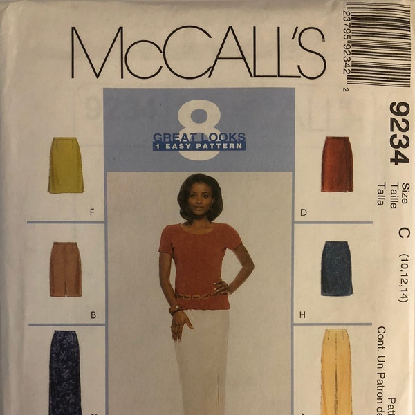VTG 9234 McCalls (1998).  8 Great Looks, 1 Easy Pattern.  Misses' Skirts in 2 lengths. Size 10-12-14.  Complete, unused, FF. Excellent cond.