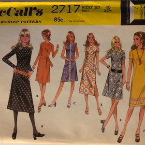 VTG 2717 McCalls (1971).  Step-by-Step Pattern.  Misses&#39; Dress w/Slim or A-Line Skirt.  Size 10. Complete, unused, FF.  Excellent condition.