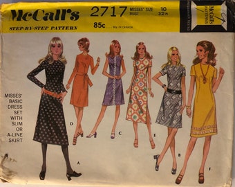 VTG 2717 McCalls (1971).  Step-by-Step Pattern.  Misses' Dress w/Slim or A-Line Skirt.  Size 10. Complete, unused, FF.  Excellent condition.