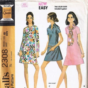 VTG 2308 McCalls (1970).  Misses&#39; Dress in 3 Versions & Scarf.  Size 12, Bust 34&quot;.  Complete, unused, neatly/partially cut.  Excellent cond.