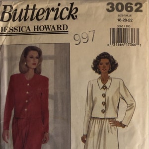 VTG 3062 Butterick (1993).  Designer: Jessica Howard.  Misses&#39; Jacket, Skirt, Pants.  Size 18-20-22.  Complete, unused, FF.  Excellent cond.