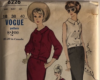 Rare VTG 6226 Vogue (1964).  Modèle spécial Vogue.  Robe et veste.  Taille 18, buste 38 po. Complet, inutilisé, FF. Excellent état.