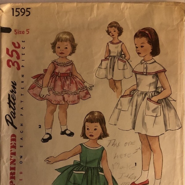 Rare VTG 1595 Simplicity (1956).  Child's One-Piece Dress & Caplet.  Size 5, Breast 23-1/2".  Complete, unused, neatly cut.  Excellent cond.