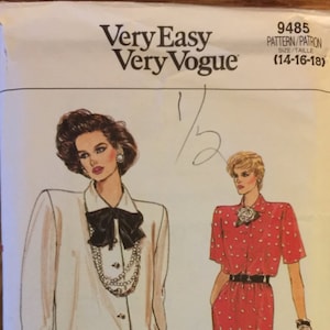 VTG 9485 Vogue (1986). Very Easy, Very Vogue. Misses&#39; top & skirt.  Size 14-16-18.  Complete, unused, neatly cut/FF. Excellent condition.