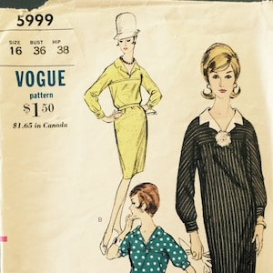 VTG 5999 Vogue (1963). One piece dress. Size 16, Bust 36&quot;.  Complete, neatly cut, unused. Excellent condition.