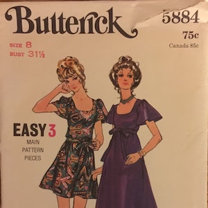VTG 5884 Butterick (1970&#39;s). Misses&#39; one piece dress in 2 lengths. Size 8, Bust 31-1/2&quot;.  Complete, unused, neatly cut. Excellent condition.