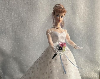 Made-to-Order 1960's Reproduction "Wedding Day Set" (1959 to 1962).  Dress, Veil, Bouquet, Jewelry, Garter, Gloves and Shoes.