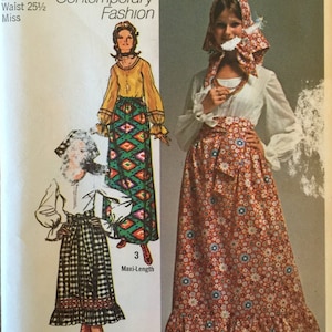 VTG 9112 Simplicidad (1970). Falda de señora en dos largos, blusa, pañuelo y fajín. Talla 12, busto 86 cm. Completa, sin usar, FF. Excelente estado.
