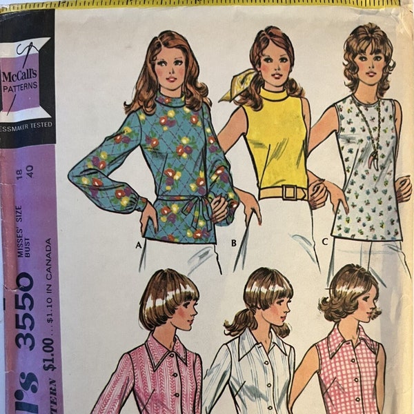 VTG 3550 McCalls (1973).  Step-by-Step Pattern.  Misses' Set of Blouses.  Size 18, Bust 40".  Complete, unused, FF.  Excellent condition.