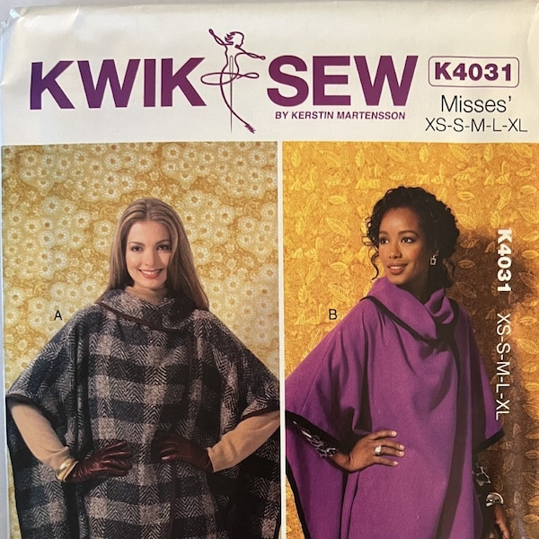 OOP 4031 Kwik Sew (2013).  Misses' Wraps.  Size XS-S-M-L-XL, Bust 31-1/2" to 45".  Complete, unused, factory folded.  Excellent condition.