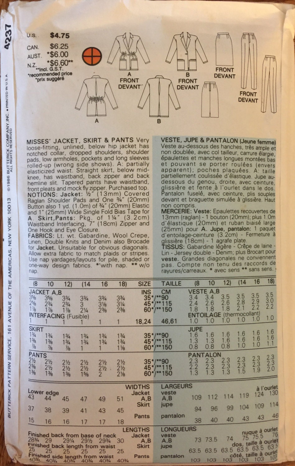 VTG 4237 Butterick 1986. Fast and Easy. Misses' jacket | Etsy