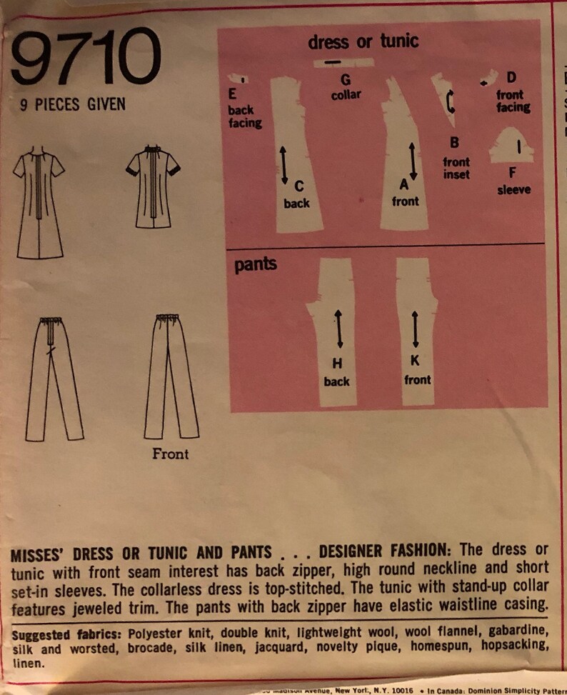VTG 9710 Simplicity (1971). Designer Fashion. Misses' Dress or Tunic ...