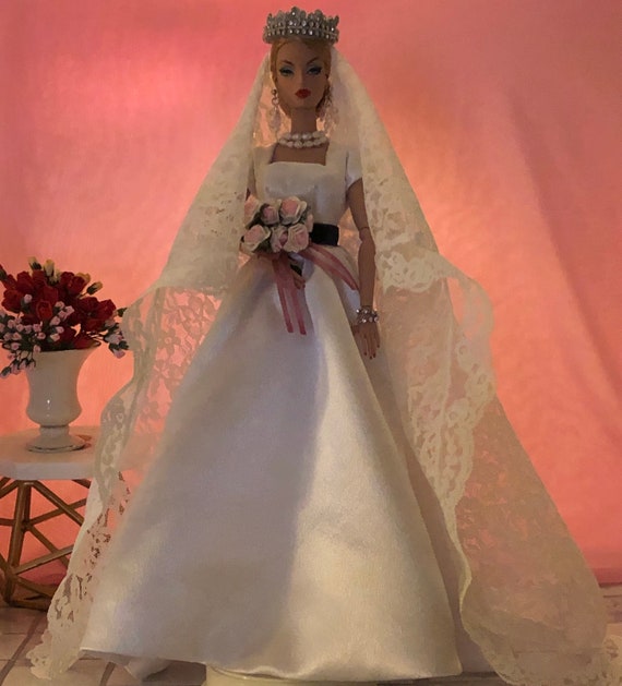 Made To Order Fashion Doll Wedding Gown Lace Veil Crown Etsy