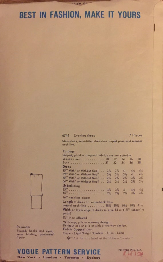 RARE VTG 6744 Vogue (1967). Vogue Special Design. Evening Dress