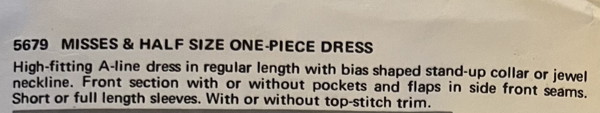 VTG 5679 Butterick (1969). Half-size One-piece Dress. Size