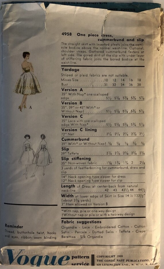 VTG 4958 Vogue (1959). Vogue Special Design. One-piece Dress