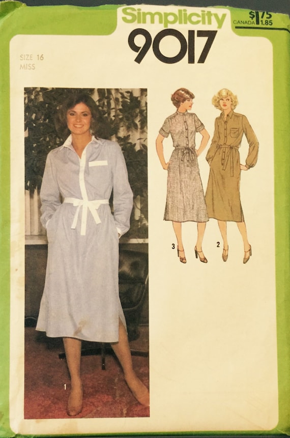 VTG 9017 Simplicity (1979). Misses' shirtdress w/tie belt. Size 16, Bust 38". Complete, neatly cut, gently used. Excellent condition.
