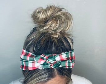 Christmas Plaid Chunky Sailor Knot Headband, Adult Soft and Stretchy Turban Headband, Woman’s Headband, Headbands for Women