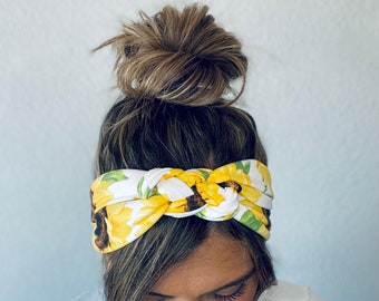Sunflower Floral Chunky Sailor Knot Headband, Adult Soft and Stretchy Turban Headband, Woman’s Headband, Headbands for Women