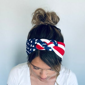 4th of July Adult Chunky Sailor Knot Headband, Stars and Stripes Adult Soft and Stretchy Turban Headband, headbands for women