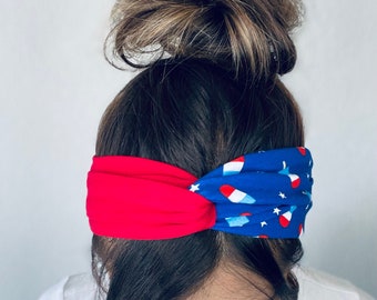 4th of July Adult Chunky Sailor Knot Headband, Patriotic Adult Soft and Stretchy Turban Headband, Memorial Day headbands for women