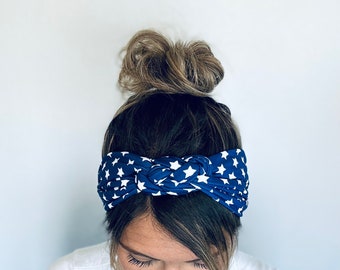4th of July Adult Chunky Sailor Knot Headband, Stars and Stripes Adult Soft and Stretchy Turban Headband, headbands for women