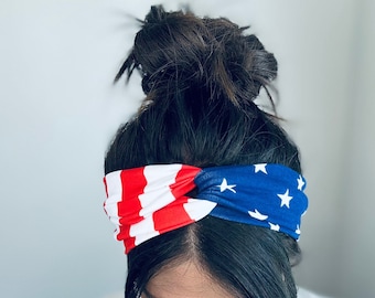 Stars and Stripes Headband, Chunky Sailor Knot Turban, 4th of July
