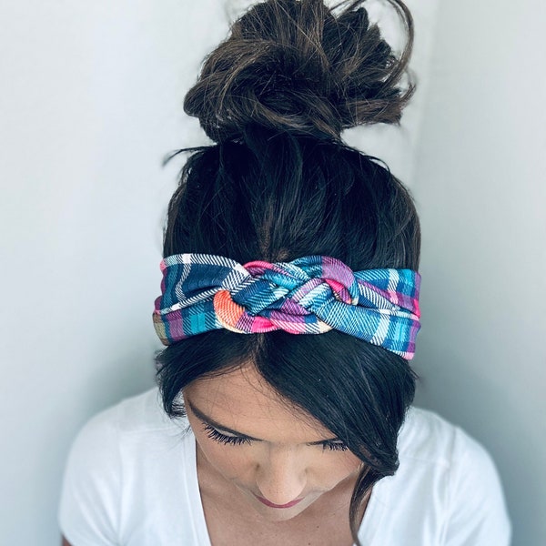 Buffalo Plaid Chunky Sailor Knot Headband, Plaid Adult Soft and Stretchy Turban Headband, Woman’s Headband, Headbands for Women