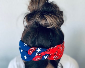 4th of July Adult Chunky Sailor Knot Headband, Stars and Stripes Adult Soft and Stretchy Turban Headband, headbands for women