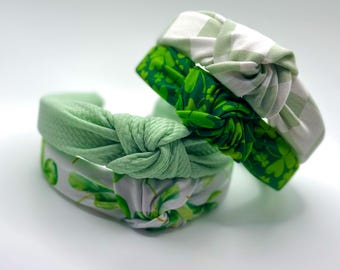 St. Patricks Day Day Knotted Headbands, Clover Headbands, Hard Knot Headbands, Green Headbands