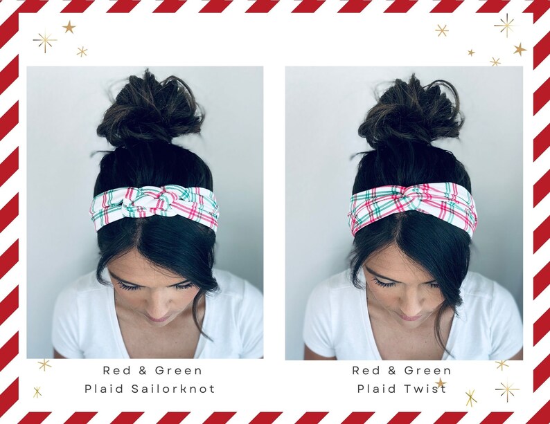 May include: Two women with dark hair are wearing red and green plaid headbands. The headband on the left is tied in a sailor knot, and the headband on the right is tied in a twist. The text below the images reads "Red & Green Plaid Sailor Knot" and "Red & Green Plaid Twist".