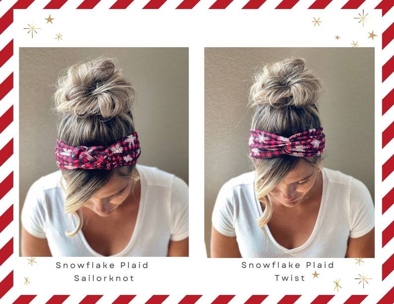 May include: Two women with blonde hair are wearing red and black plaid headbands with a snowflake pattern. The headband on the left is tied in a sailor knot, while the headband on the right is tied in a twist.