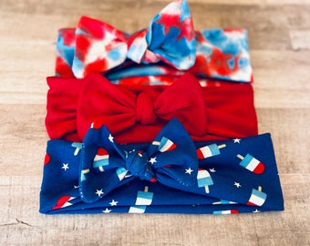 4th of July headbands, Baby  Headbands, Patriotic Baby Girl Headband, Memorial Day Knot Bow Headband, Baby Bows, Knit Baby Headband