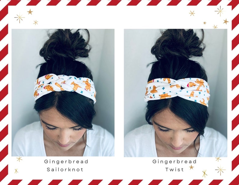 May include: Two women are wearing white headbands with a gingerbread man pattern. The headband on the left is tied in a sailor knot, while the headband on the right is tied in a twist. Both headbands have blue stars on them.
