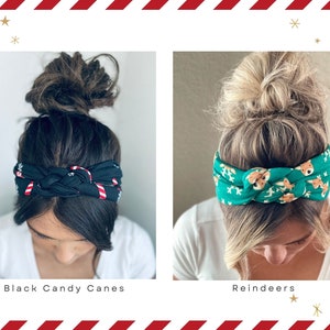 May include: Two women with their hair in buns are wearing Christmas-themed headbands. The headband on the left is black with white and red candy canes. The headband on the right is green with brown reindeer. The text below the headbands reads "Black Candy Canes" and "Reindeers".