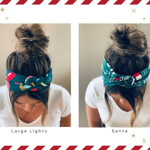 May include: Two women with dark hair are wearing green headbands with different Christmas-themed patterns. The headband on the left has a pattern of colorful lights and the headband on the right has a pattern of Santa Claus. The text "Large Lights" is below the left image and the text "Santa" is below the right image.