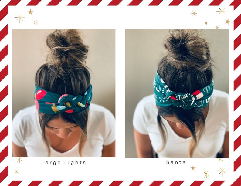 May include: Two women with dark hair are wearing green headbands with different Christmas-themed patterns. The headband on the left has a pattern of colorful lights and the headband on the right has a pattern of Santa Claus. The text "Large Lights" is below the left image and the text "Santa" is below the right image.