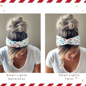 May include: Two images showing two different ways to tie a white headband with a colorful Christmas lights pattern. The first image shows the headband tied in a sailor knot. The second image shows the headband tied in a twist. Both images show the headband worn by a person with blonde hair.