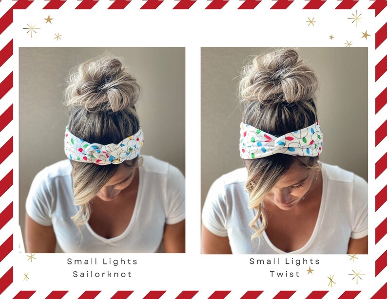 May include: Two images showing two different ways to tie a white headband with a colorful Christmas lights pattern. The first image shows the headband tied in a sailor knot. The second image shows the headband tied in a twist. Both images show the headband worn by a person with blonde hair.