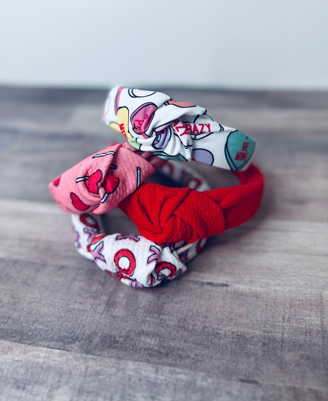 Valentines Day Knotted Headbands, Heart Headbands, Hard Knot Headbands