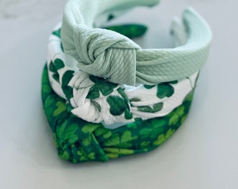 St. Patricks Day Day Knotted Headbands, Clover Headbands, Hard Knot Headbands, Green Headbands