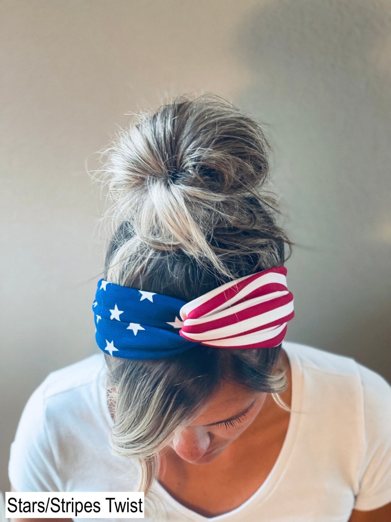 4th of July Adult Chunky Sailor Knot Headband, Stars and Stripes Adult Soft and Stretchy Turban Headband, headbands for women 