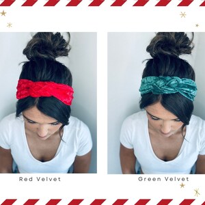 May include: Two women with their hair in buns are wearing knotted velvet headbands. The headband on the left is red and the headband on the right is green.  Red Velvet and Green Velvet are written below each woman.