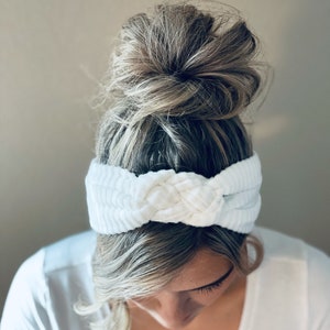 Ribbed Chunky Sailor Knot Headband, Adult Soft and Stretchy Turban Headband, Womans Headband, Headbands for Women White Ribbed